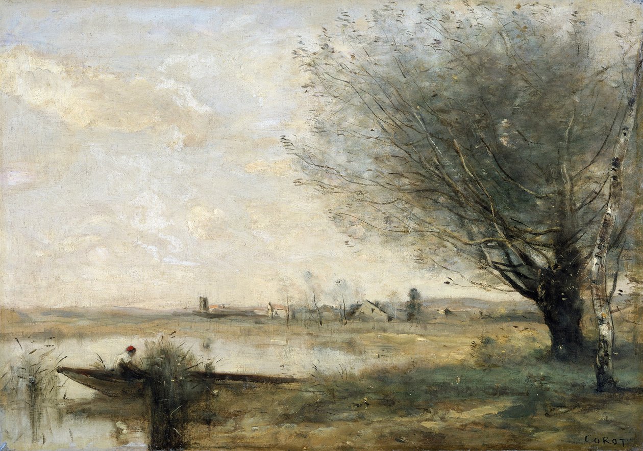 Pescador amarrado a una orilla de Jean Baptiste Camille Corot