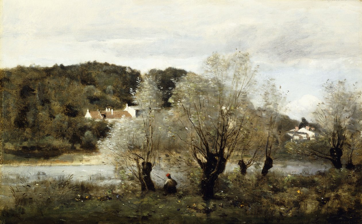 Pescador en el Borde de un Estanque en el Pueblo de Avary, c.1850-55 de Jean Baptiste Camille Corot