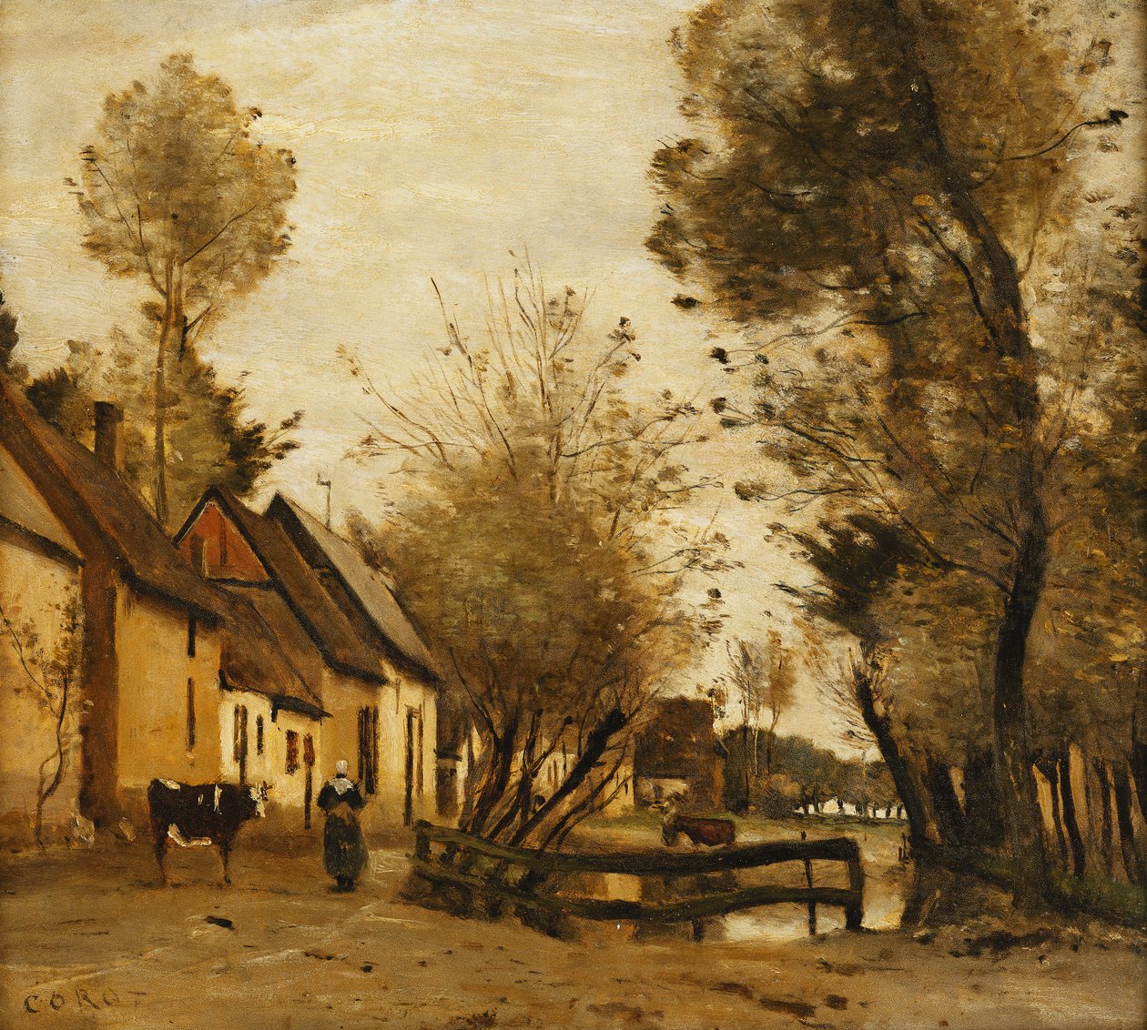Flesselles, calle con campesina y vaca, c.1862-1865 de Jean Baptiste Camille Corot