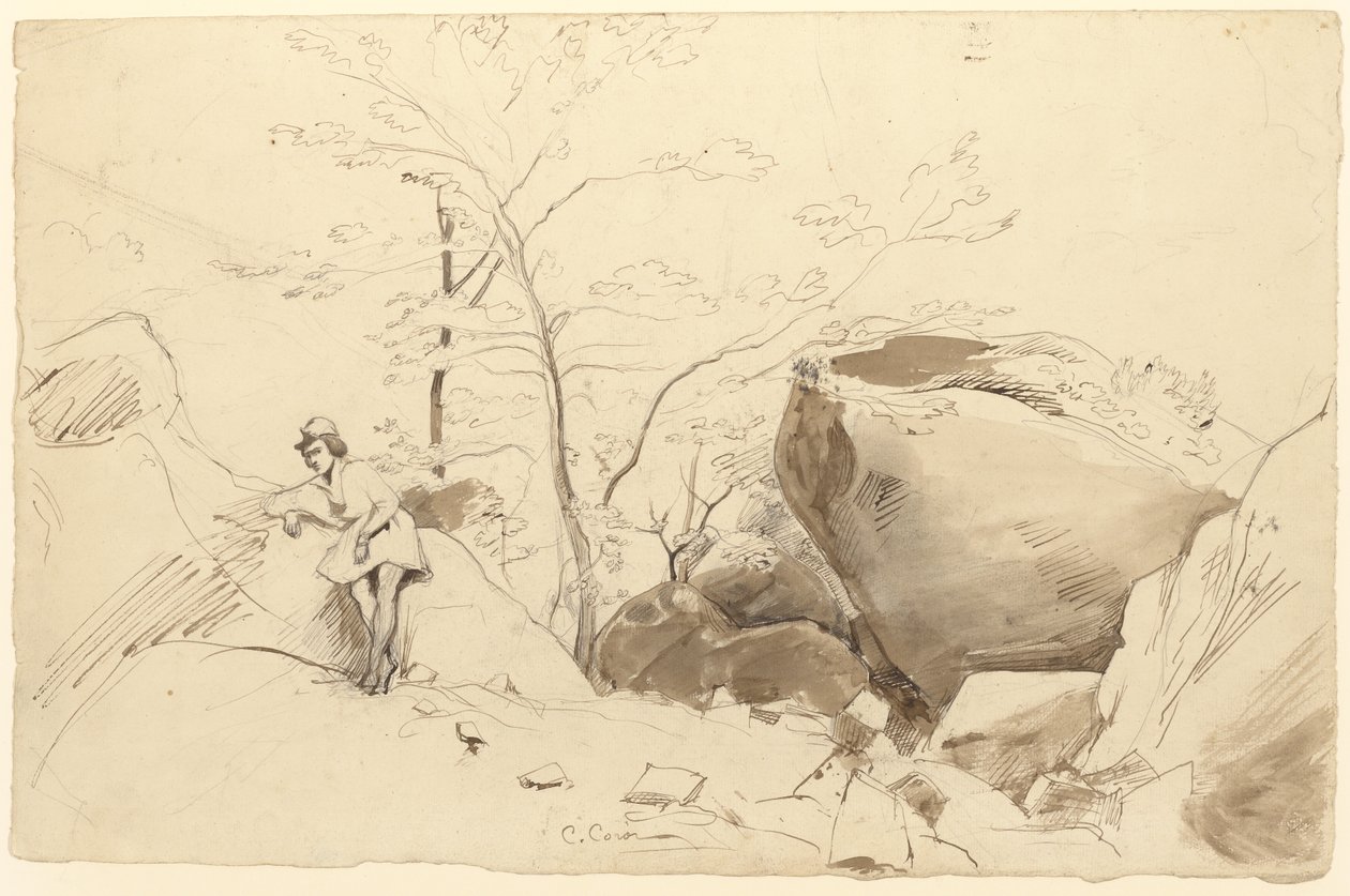 Fontainebleau, Figura apoyada en una roca de Jean Baptiste Camille Corot