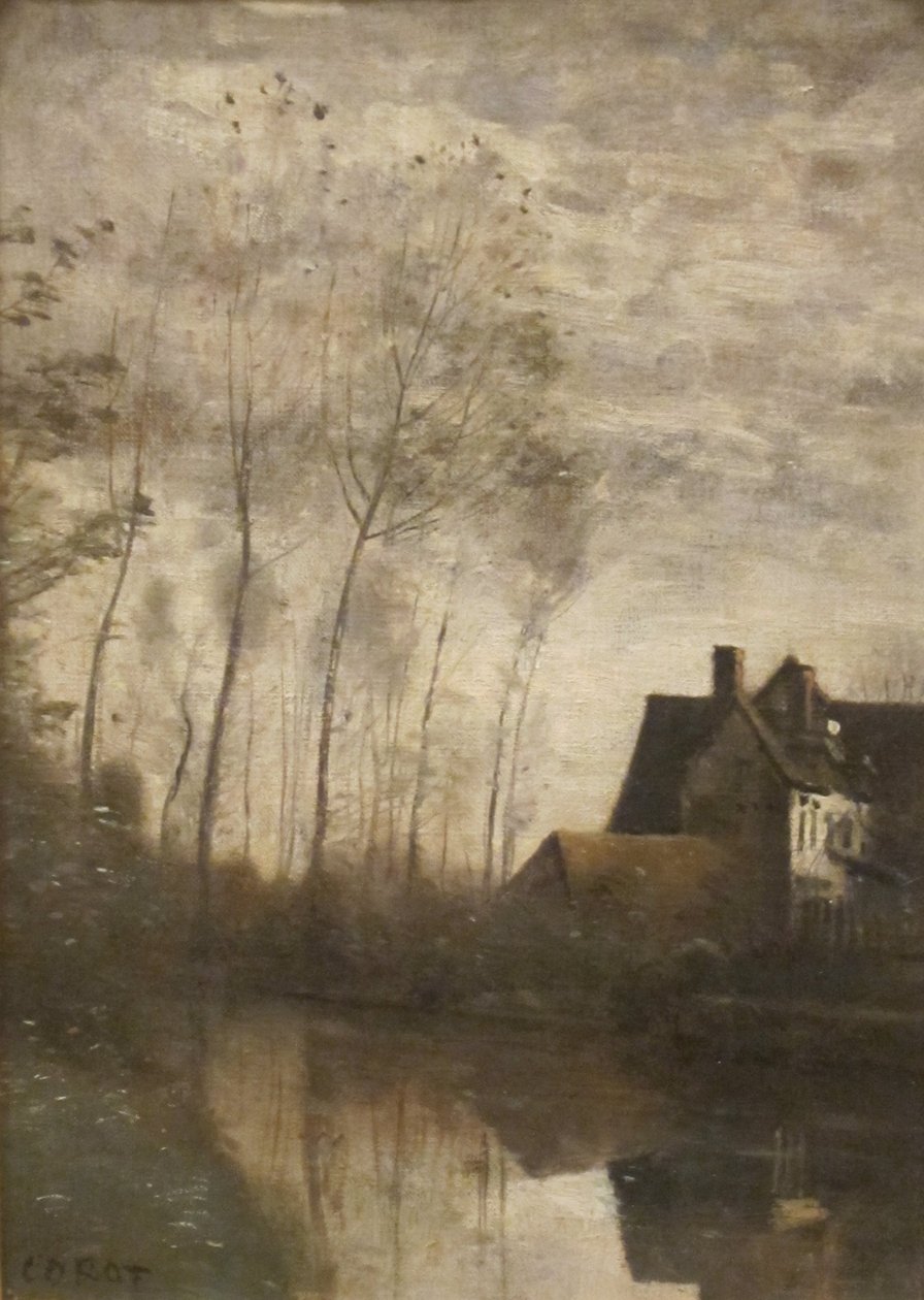 Francés: Scène de rivière avec maisons et peupliers A River Scene with Houses and Poplars de Jean Baptiste Camille Corot
