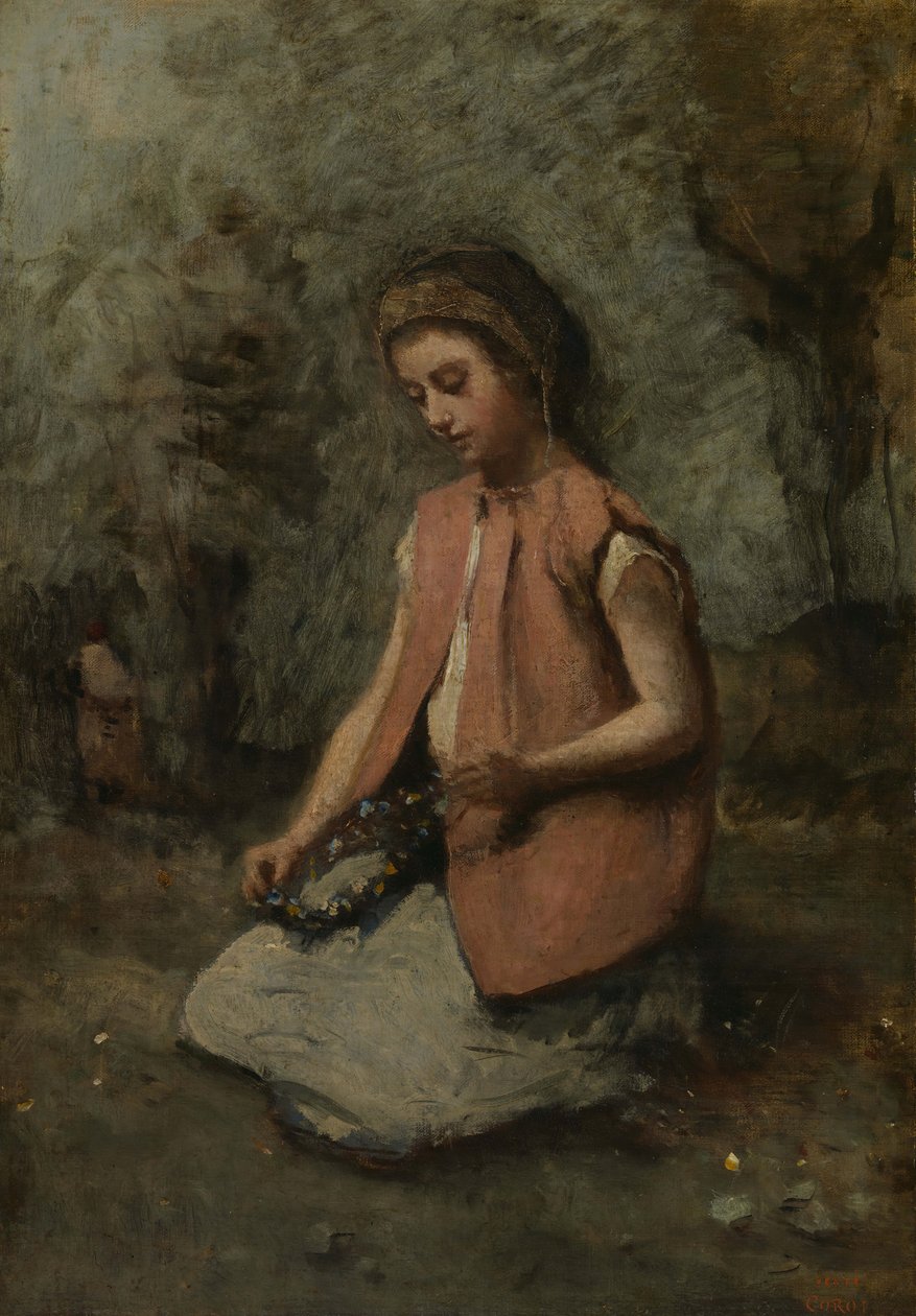 Niña Tejiendo una Guirnalda, 1860-65 de Jean Baptiste Camille Corot