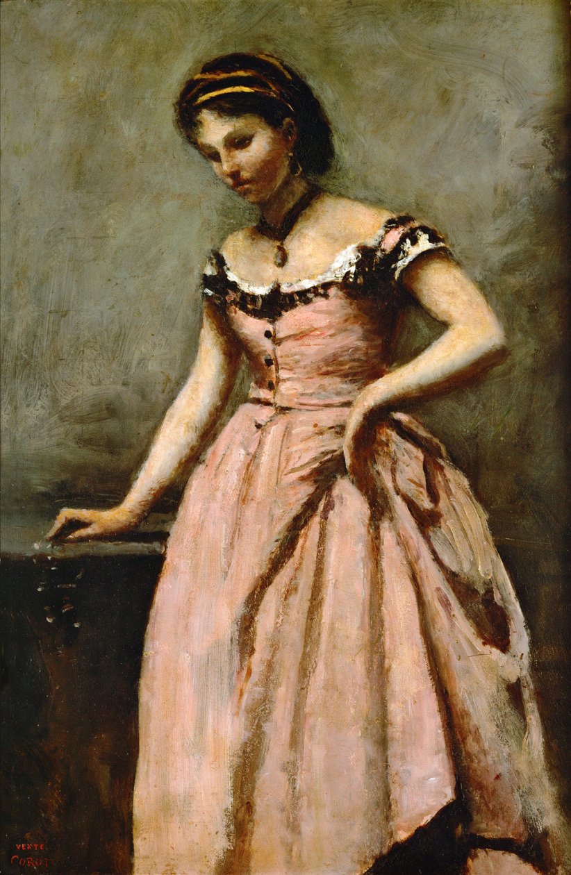 Niña en vestido rosa con rosas y una perla ... de Jean Baptiste Camille Corot