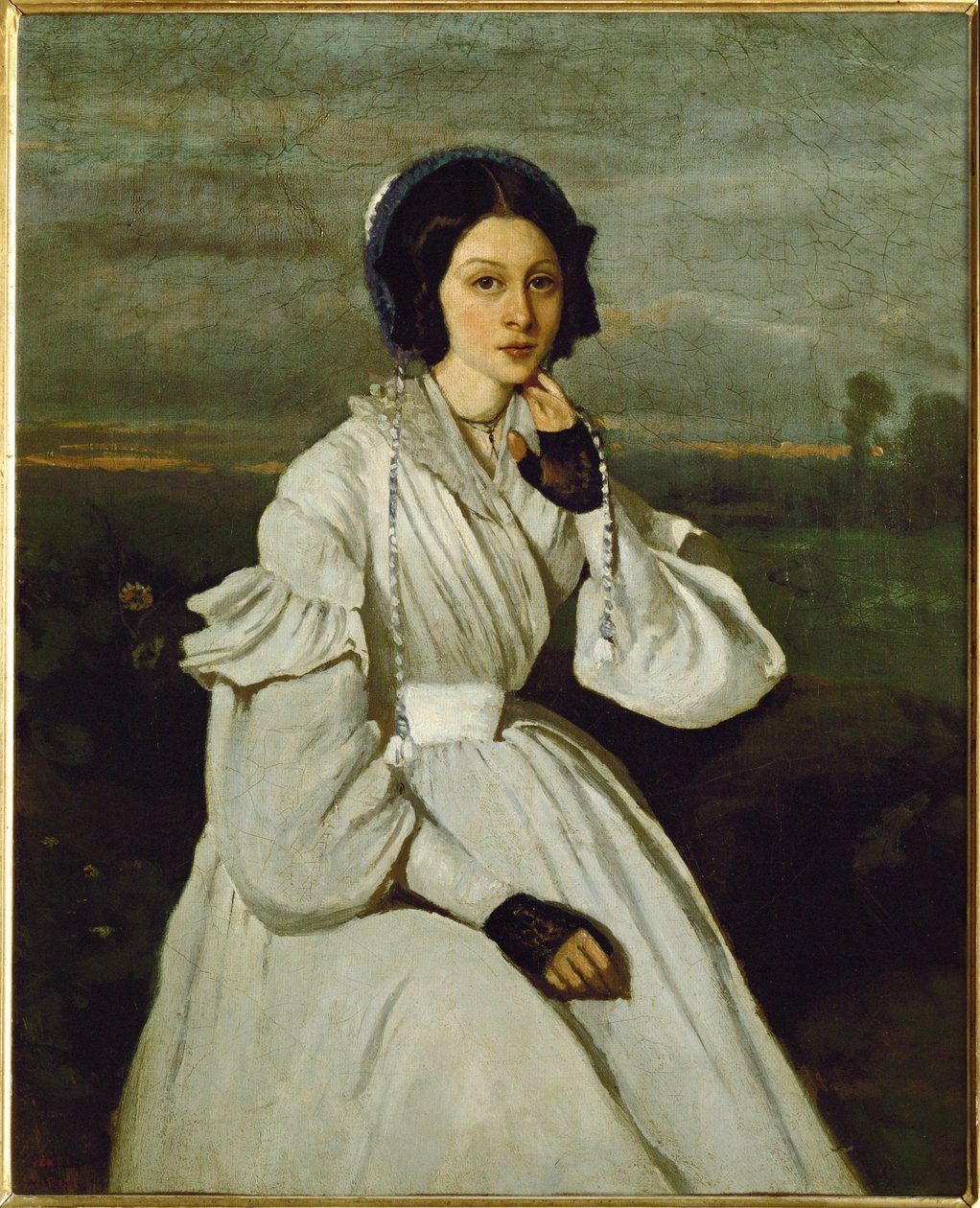 Chica con vestido blanco en un paisaje ... de Jean Baptiste Camille Corot