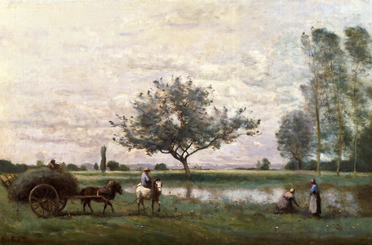 Carro de heno junto a un río de Jean Baptiste Camille Corot