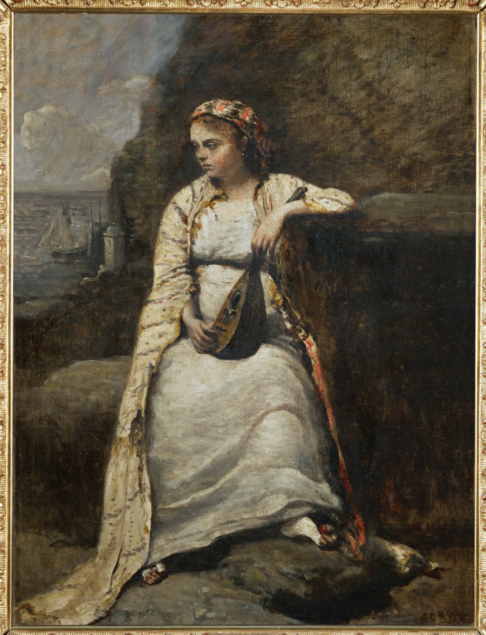 Haydee, jeune femme en costume grec - joven vestida a la griega, quizá la heroína del "Don Juan" de Byron ... de Jean Baptiste Camille Corot