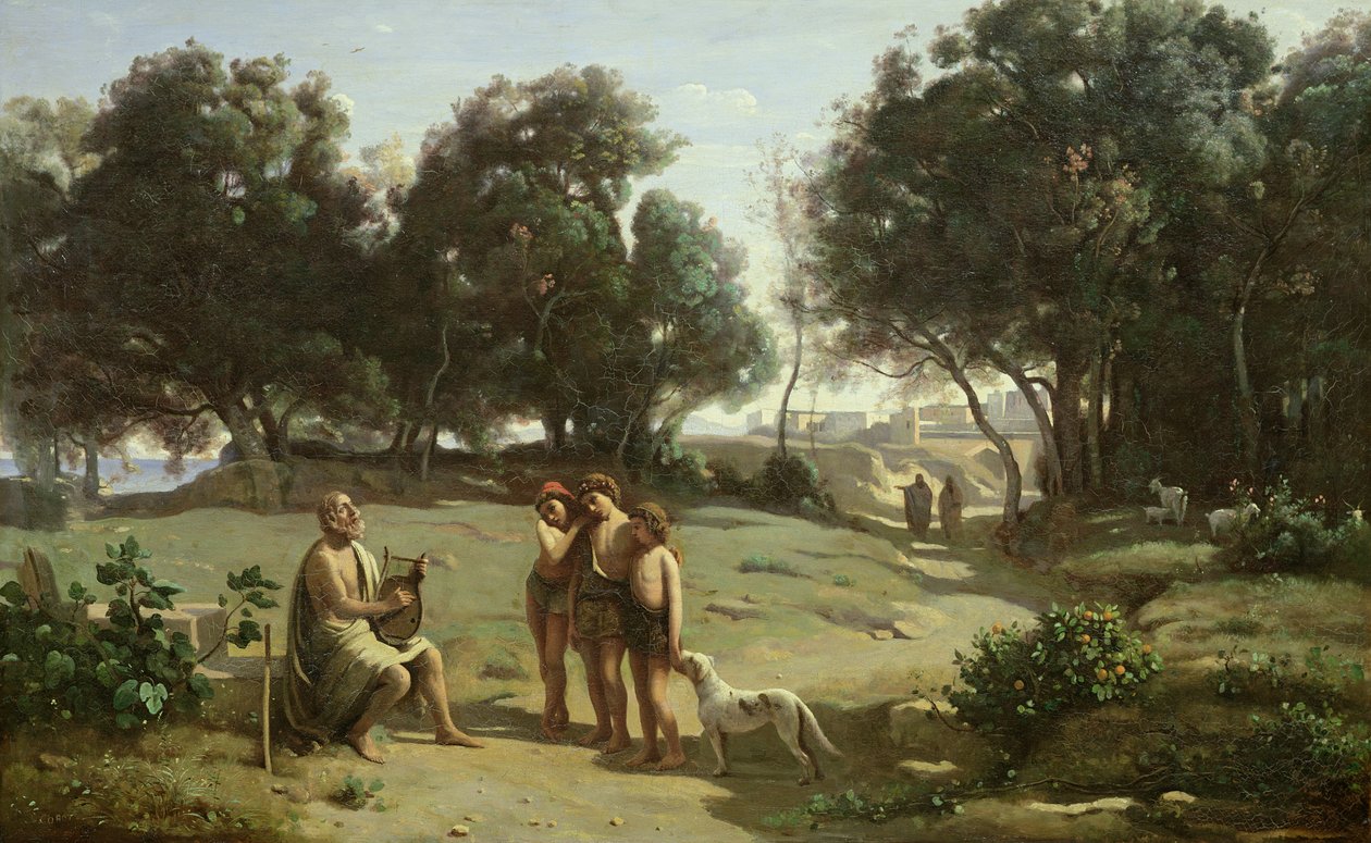 Homero y los pastores en un paisaje de Jean Baptiste Camille Corot