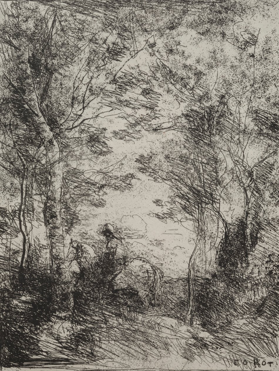 Jinete en el bosque, impresión original 1854, impresa en 1921 de Jean Baptiste Camille Corot