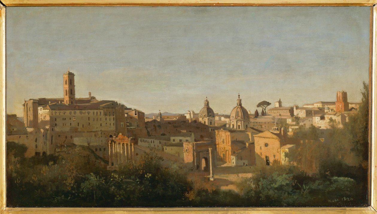 El Foro, vista desde los Jardines Farnesio, Roma ... de Jean Baptiste Camille Corot