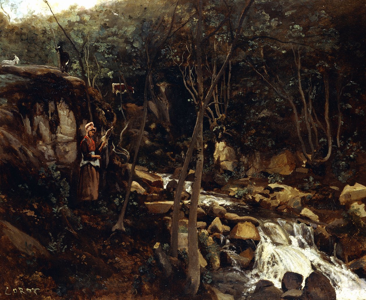 Lormes - Un Torrente con un Campesino de Pie, Hilando Lana, 1842 de Jean Baptiste Camille Corot