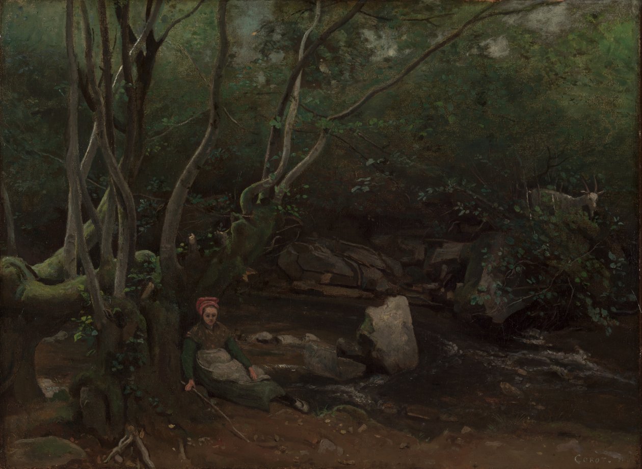 Lormes: Chica cabrera sentada junto a un arroyo en un bosque de Jean Baptiste Camille Corot