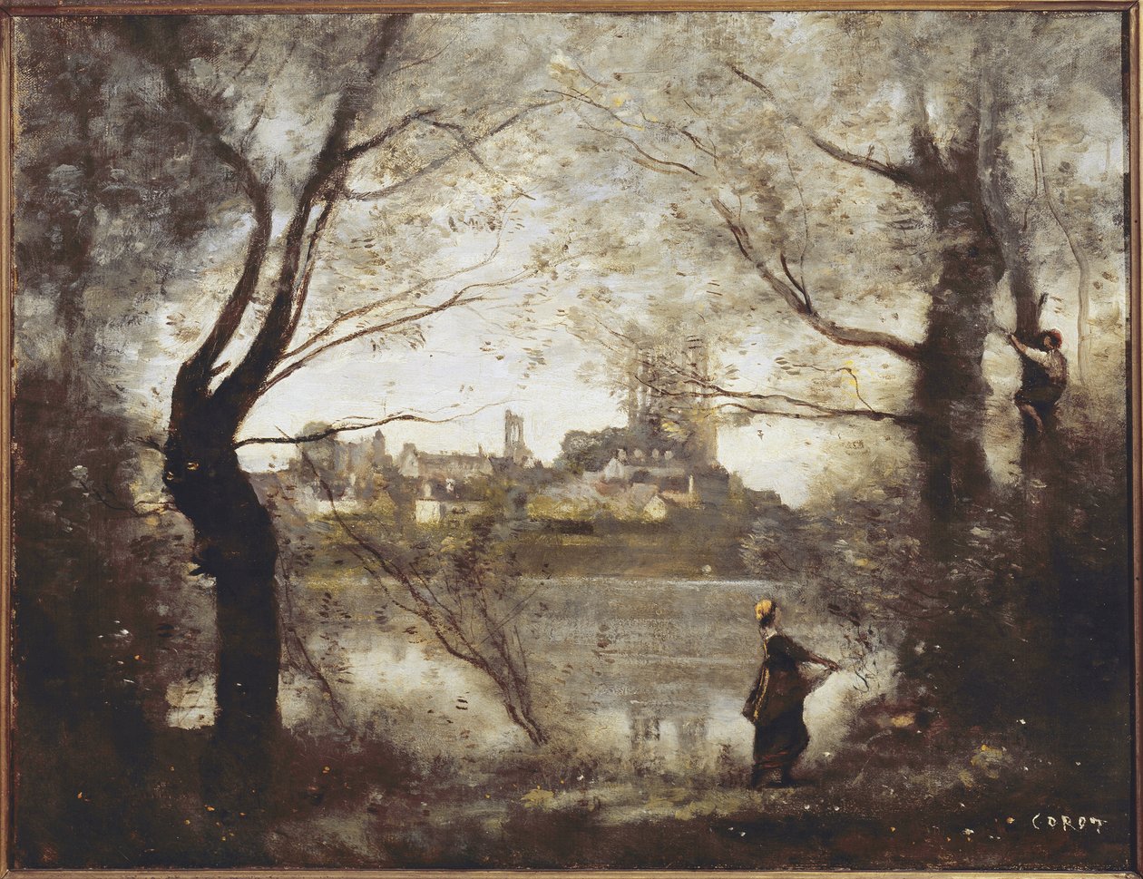Mantes, catedral y ciudad vistas a través de los árboles, al atardecer de Jean Baptiste Camille Corot