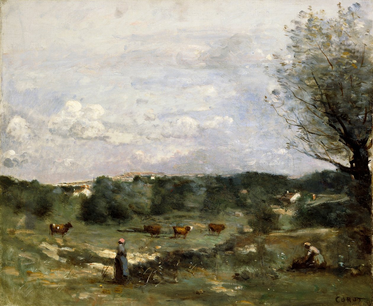 Prado con vacas, un sauce a la derecha y un pueblo distante de Jean Baptiste Camille Corot