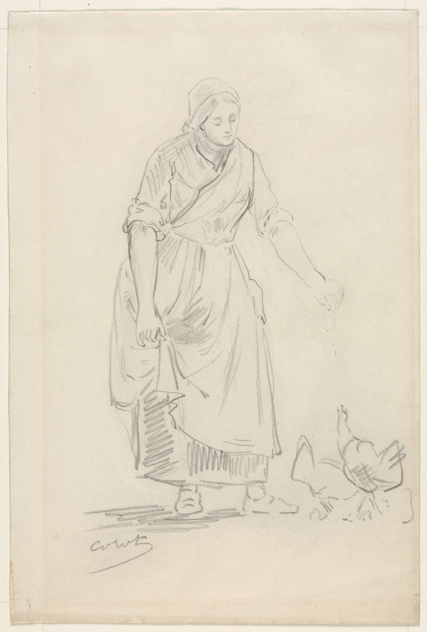 Campesina Alimentando Gallinas de Jean Baptiste Camille Corot