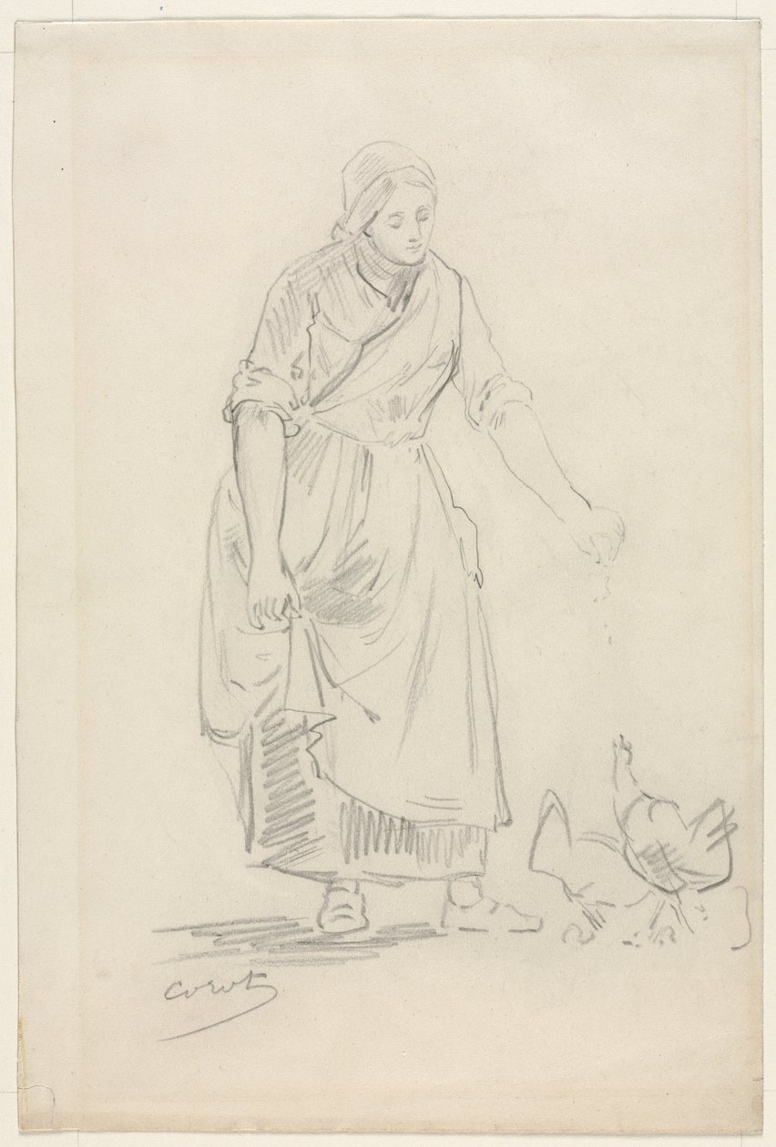 Campesina Alimentando Gallinas, 1800s de Jean Baptiste Camille Corot