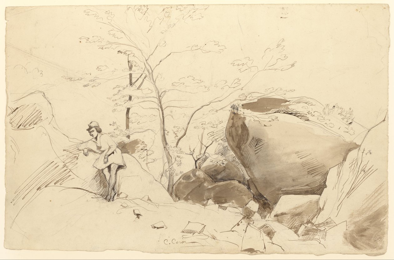 Pluma y tinta marrón, pincel y aguada marrón sobre lápiz sobre papel de Jean Baptiste Camille Corot