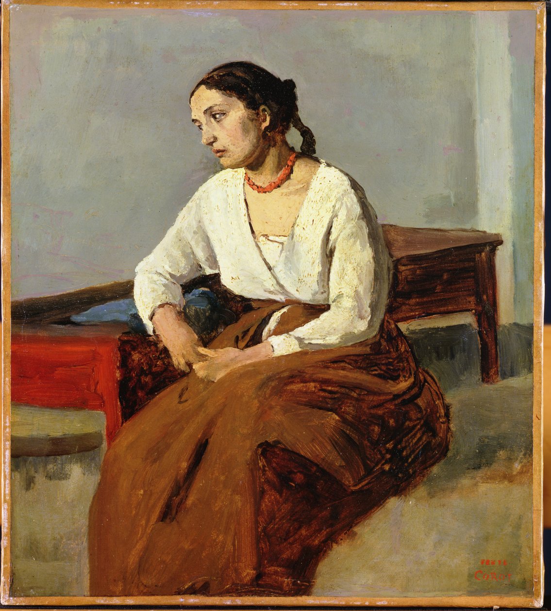 Mujer Sentada con Falda Marrón de Jean Baptiste Camille Corot