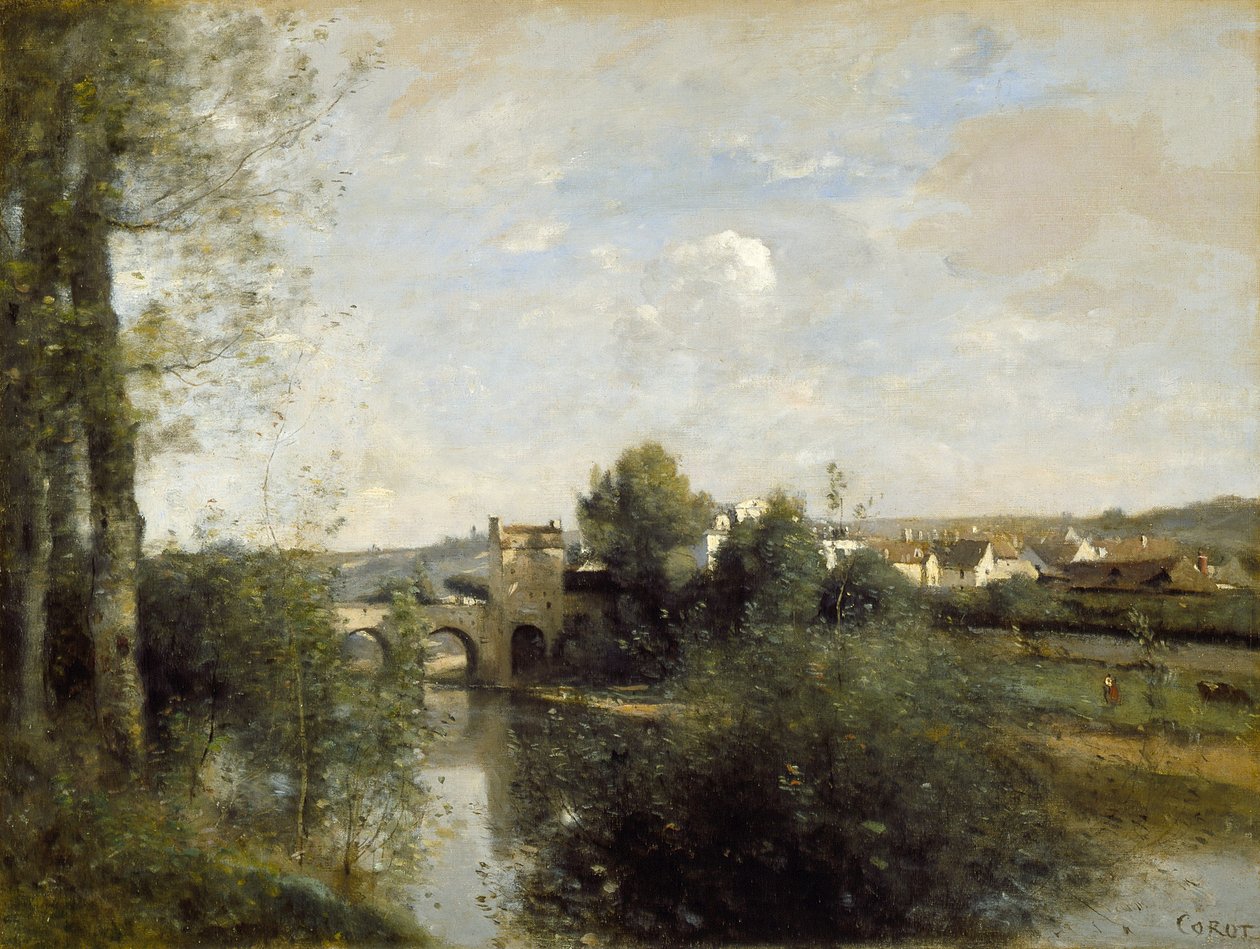 El Sena y el Puente Viejo en Limay de Jean Baptiste Camille Corot