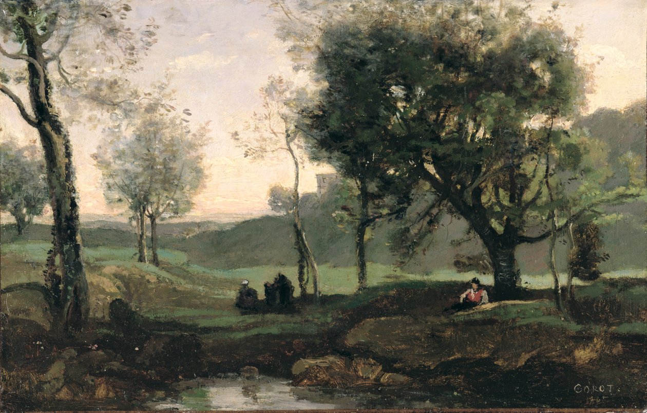 Puesta de sol: Figuras bajo los árboles (óleo sobre lienzo) de Jean Baptiste Camille Corot