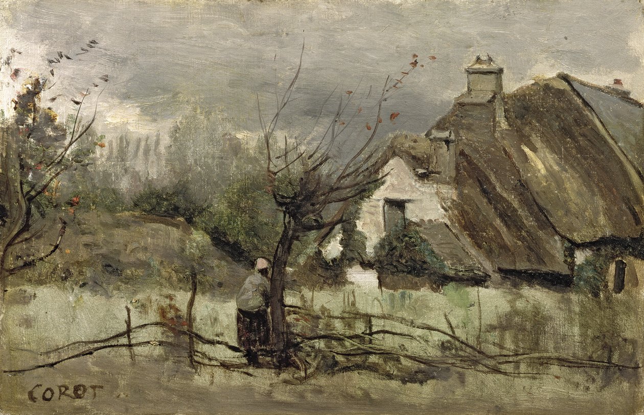 Cabaña con techo de paja en Picardía de Jean Baptiste Camille Corot