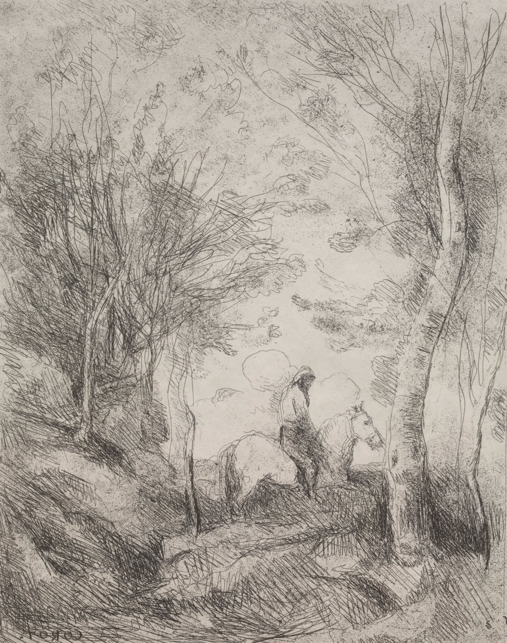 El gran caballero en el bosque, impresión original 1854, impresa en 1921 de Jean Baptiste Camille Corot