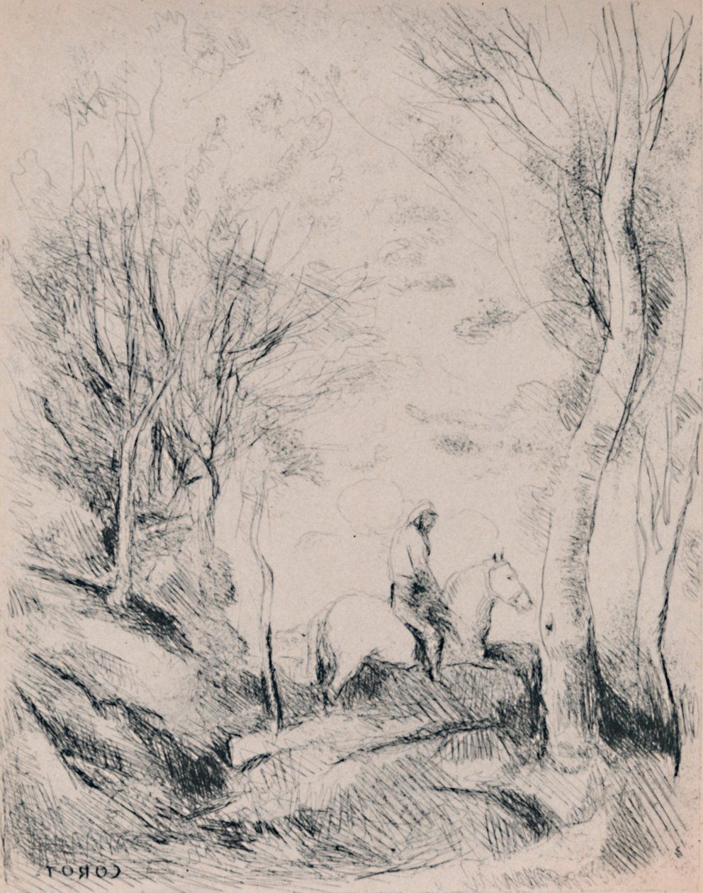 El jinete en el bosque, c.1854 de Jean Baptiste Camille Corot