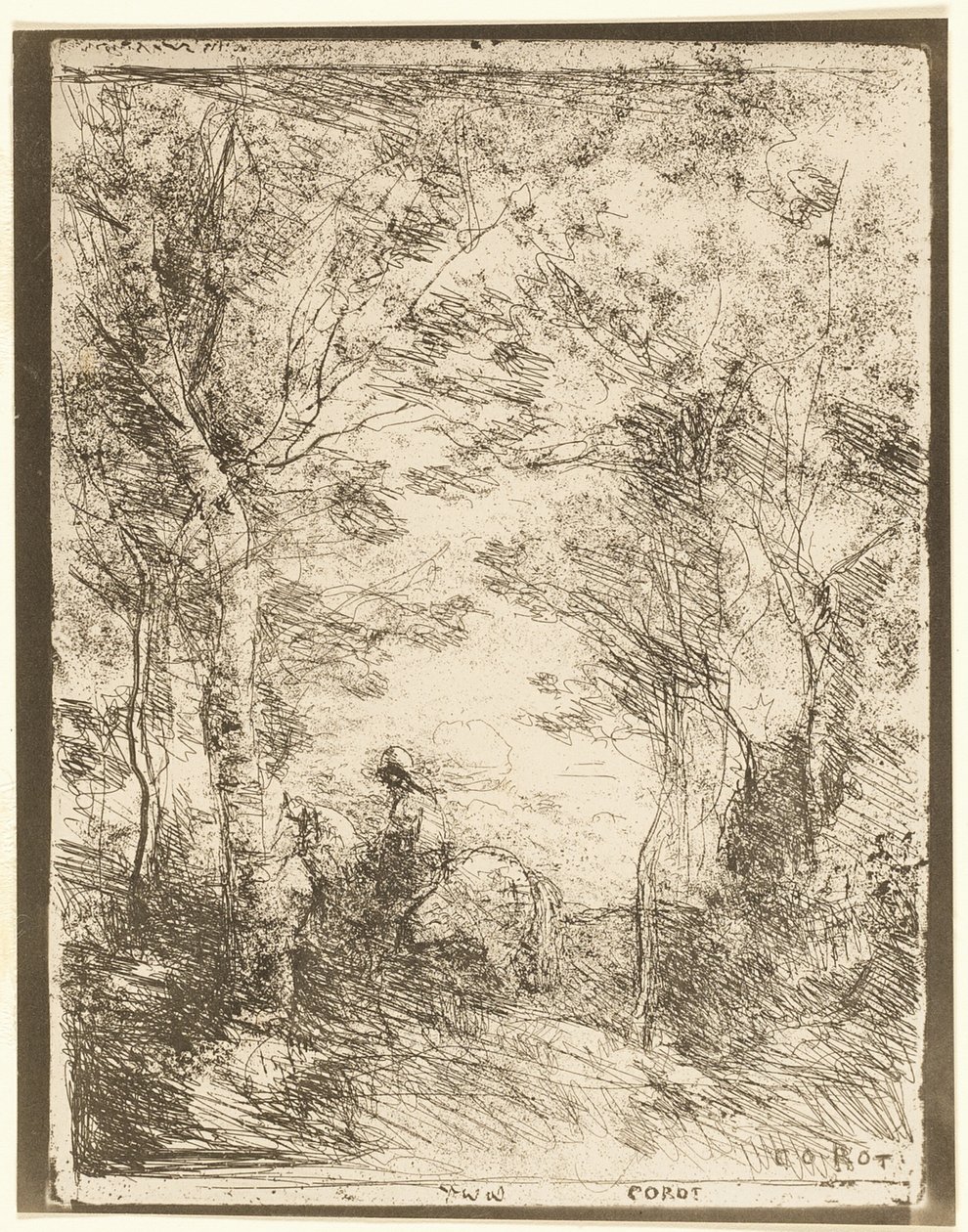 El jinete en el bosque, placa pequeña de Jean Baptiste Camille Corot