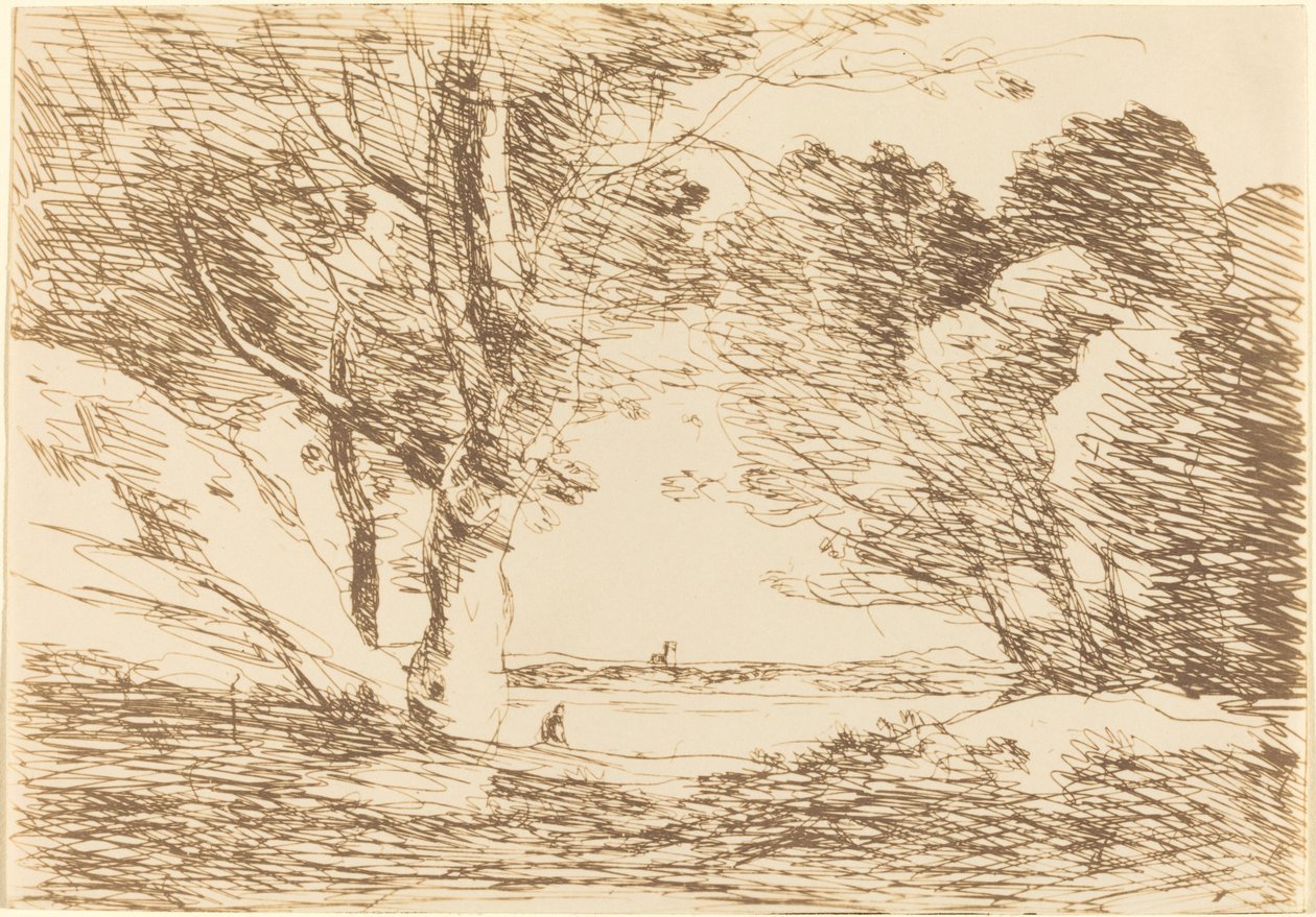 Torre en el horizonte de un lago de Jean Baptiste Camille Corot