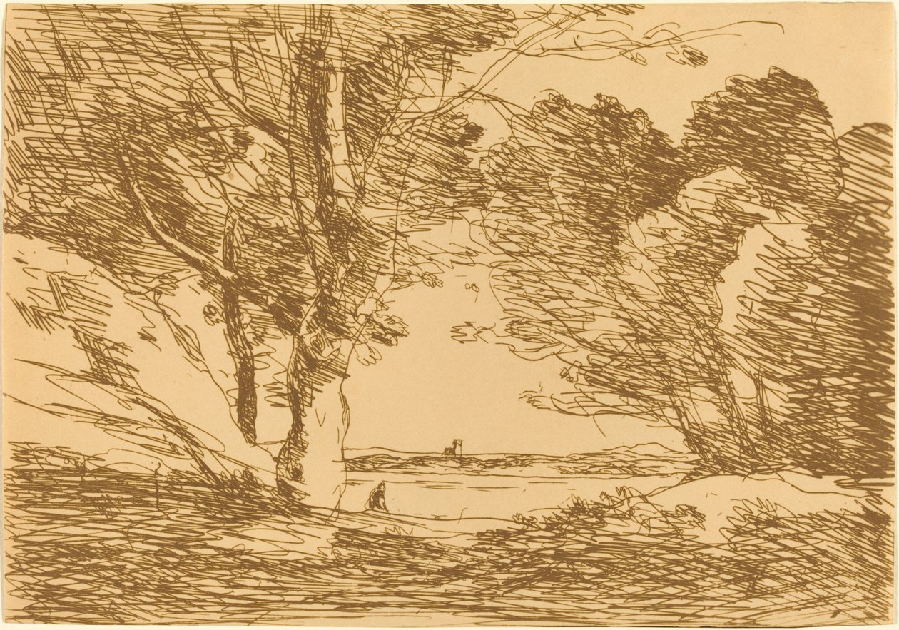 Torre en el horizonte de un lago, 1871 de Jean Baptiste Camille Corot