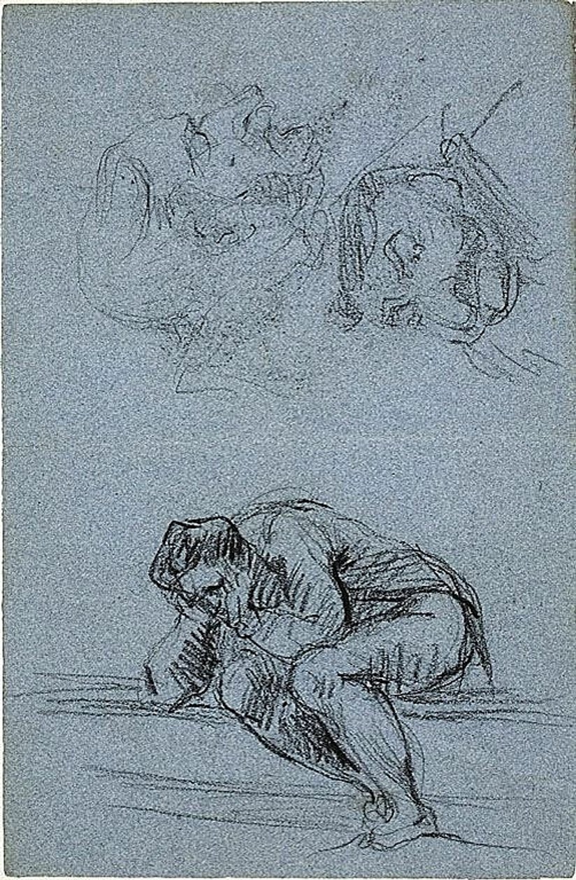 Figura sentada con la cabeza entre las manos y dos caricaturas (anverso); cuatro figuras en una luneta (reverso) de Jean Baptiste Carpeaux