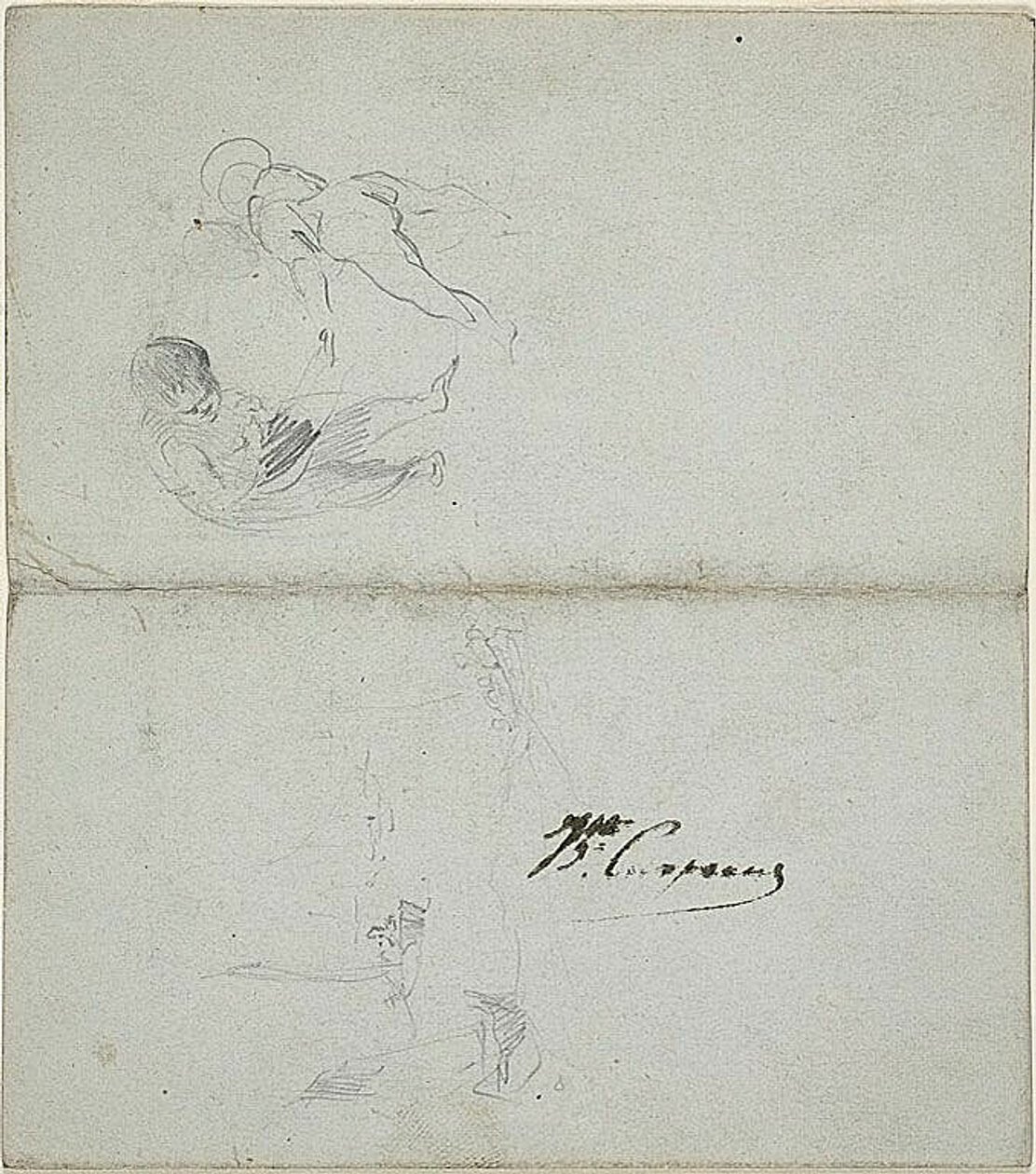 Bocetos de dos niños, barcos en el mar (anverso); bocetos de figura masculina a grandes zancadas sosteniendo un bastón y escena costera (reverso). de Jean Baptiste Carpeaux