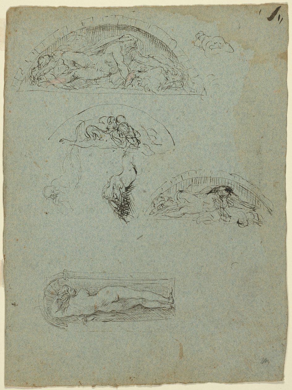 Figura de Pie en un Nicho y Estudios para el Grupo Ugolino (recto); Prelado con Túnica Roja en una Multitud (verso) de Jean Baptiste Carpeaux