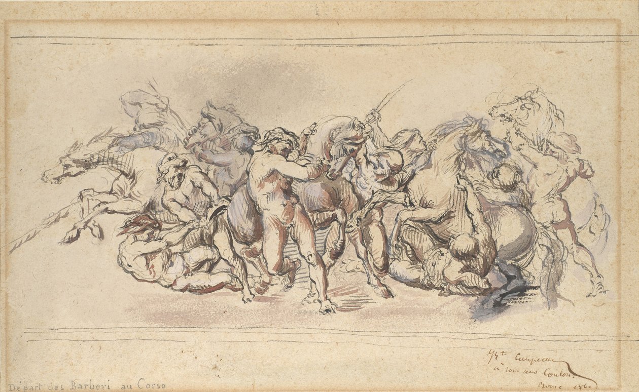 Inicio de la carrera de los caballos Barberi, Roma, 1860 de Jean Baptiste Carpeaux