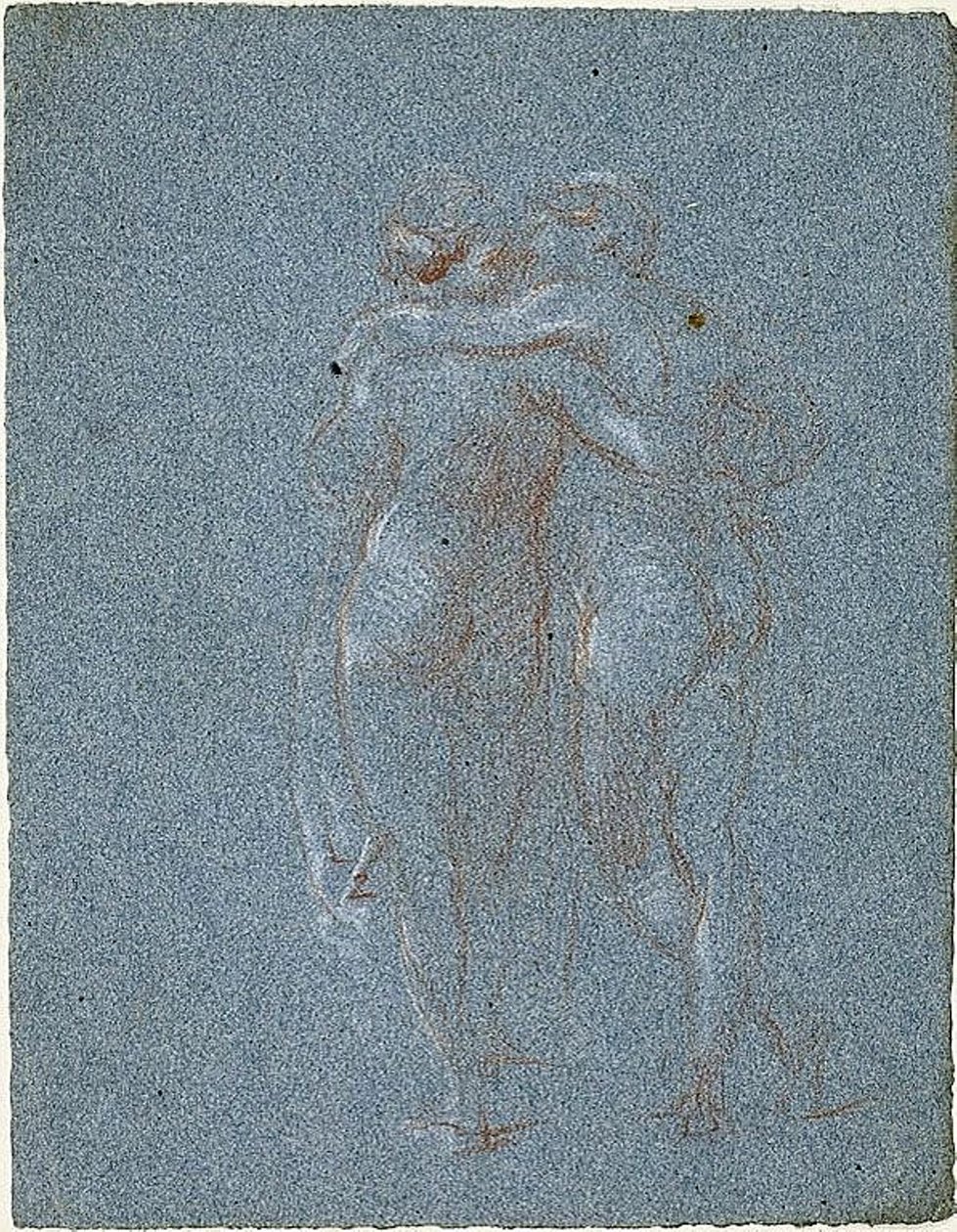 Dos figuras de pie, abrazándose (recto); Hombre con guadaña y bocetos de edificios (verso) de Jean Baptiste Carpeaux