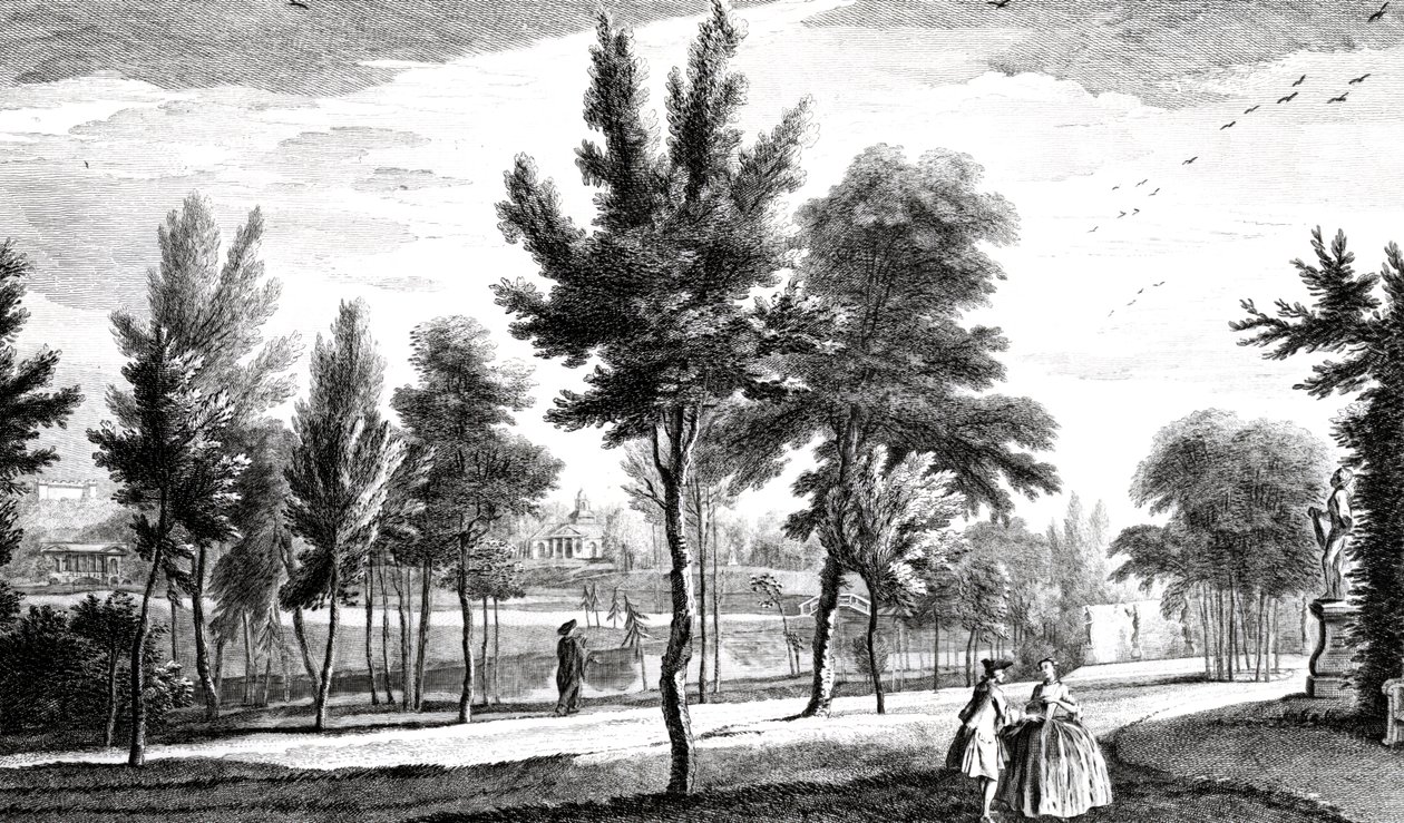 Vista de los Campos Elíseos desde el Manantial de Helicon, Jardines de la Casa Stowe, grabado por George Bickham, 1753 de Jean Baptiste Claude Chatelain