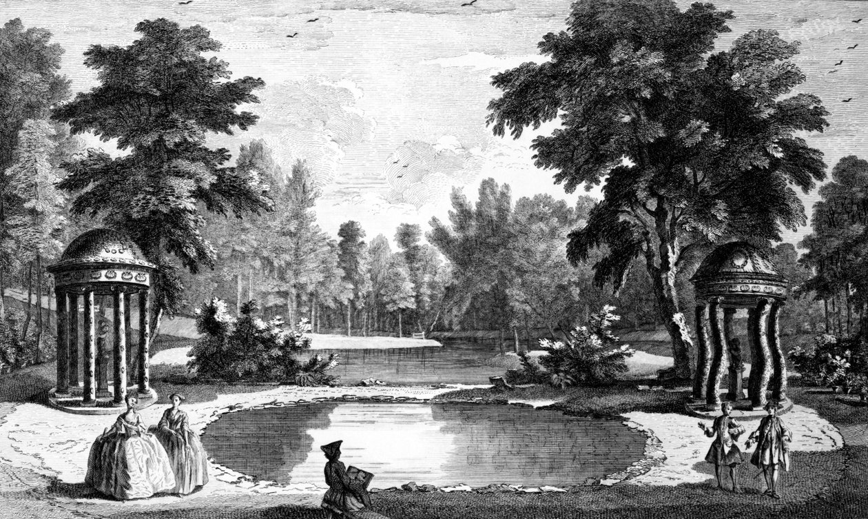 Vista de la Gruta y dos templos de conchas, Jardines de la Casa Stowe, grabado por George Bickham, 1753 de Jean Baptiste Claude Chatelain