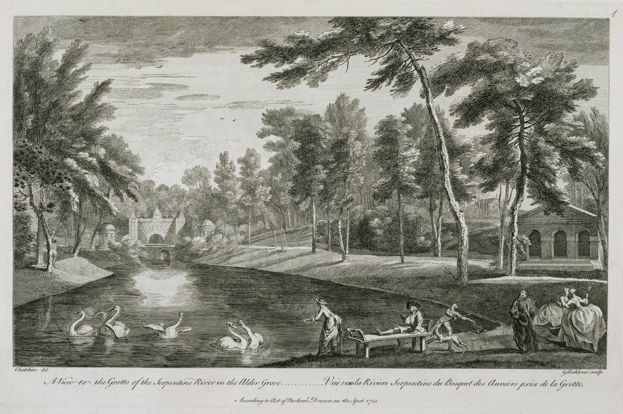 Vista a la gruta del río Serpentine en el bosque de alisos en Stowe, 1753, grabado por George Bickham de Jean Baptiste Claude Chatelain