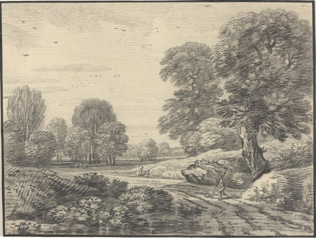 Viajeros en un camino en un paisaje boscoso de Jean Baptiste Claude Chatelain