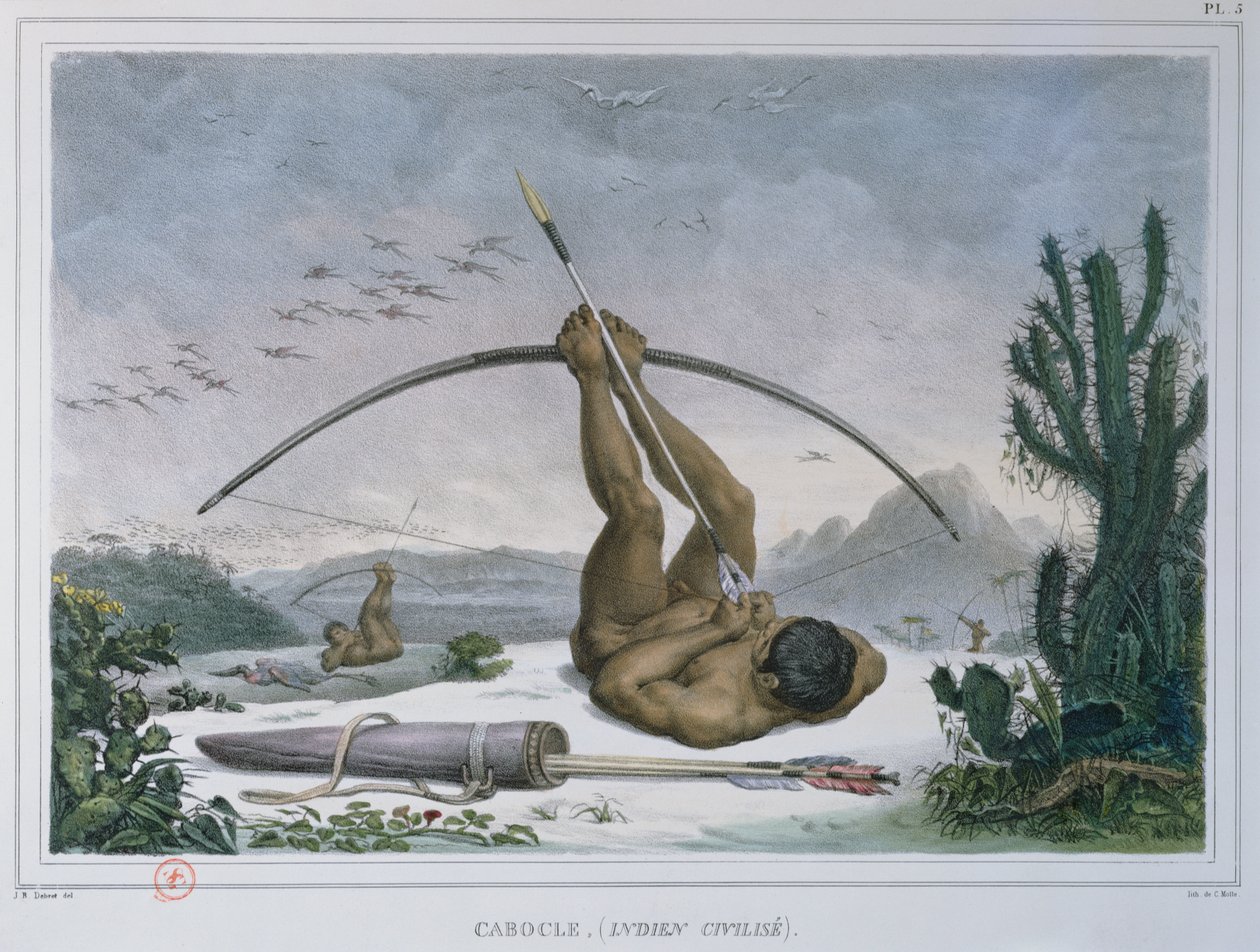 Indio Caboclo Cazando Pájaros con Arco y Flecha, de Voyage Pittoresque et Historique au Brésil de Jean Baptiste Debret