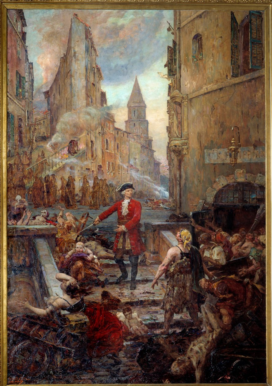 El caballero Roze en la Montée des Aroules en Marsella. Nicola Roze (1675-1733) libera el distrito de Armoules en Marsella de los cadáveres de los apestados durante la gran plaga de 1720 de Jean Baptiste Duffaud