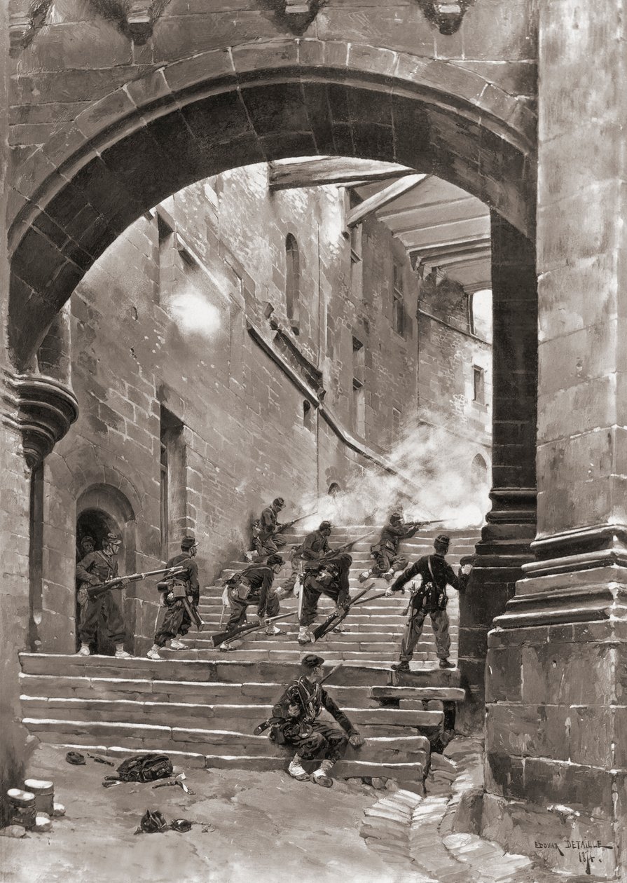 Soldados franceses en combate, Guerra Franco-Prusiana de Jean Baptiste Edouard (after) Detaille