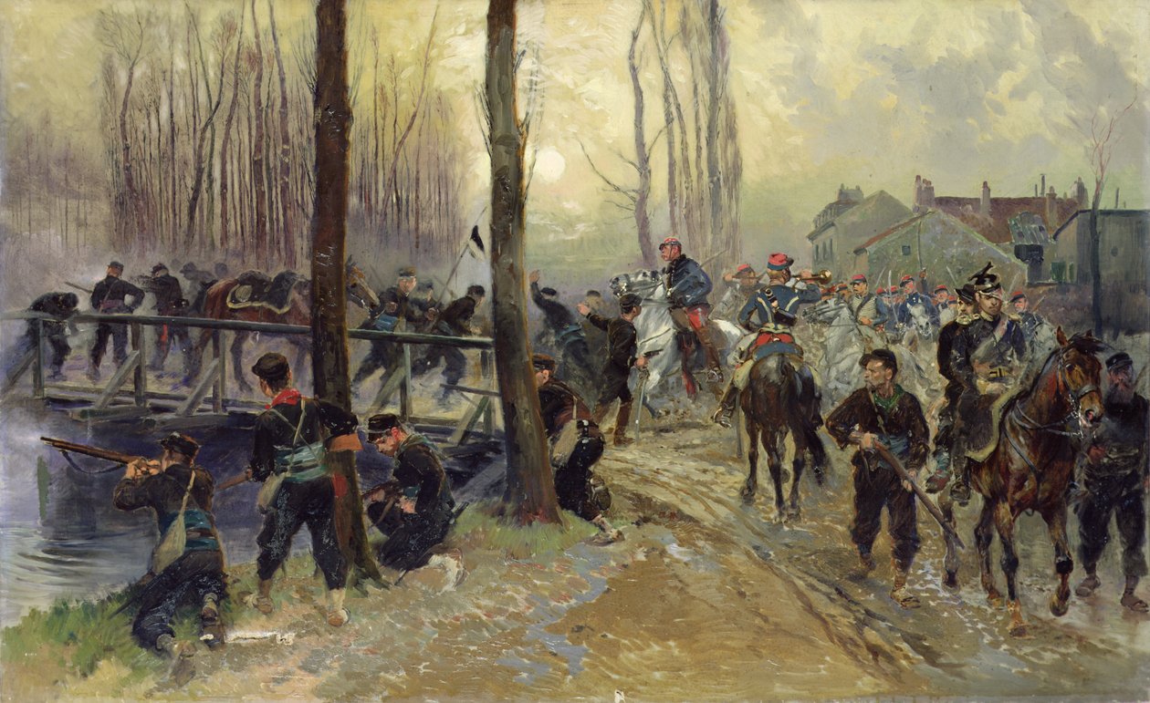 Emboscada cerca de un puente defendido por tropas, temprano en la mañana, 1870 de Jean Baptiste Edouard Detaille