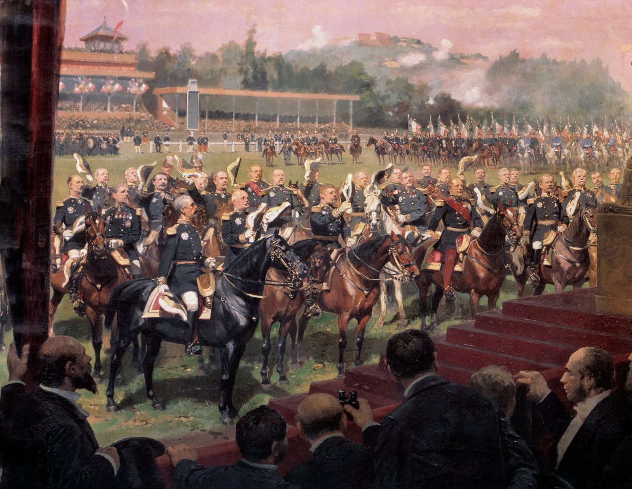 La distribución de banderas en Longchamp por el presidente Jules Grevy en presencia de Leon Gambetta el 14 de julio de Jean Baptiste Edouard Detaille