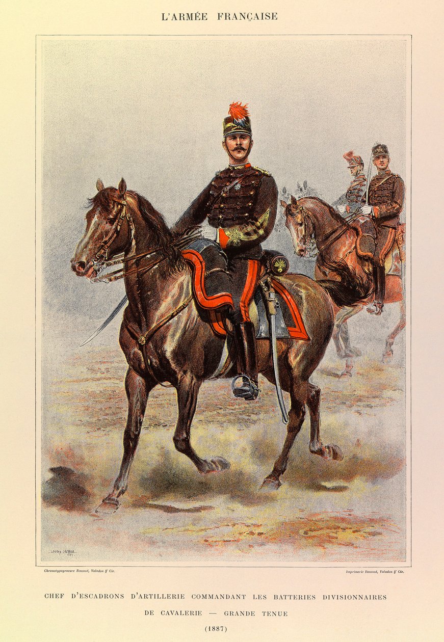 Tipos y uniformes del ejército francés del capitán Jules Richard, ilustrado por Edouard Detaille: Jefe de escuadrón de artillería comandando las baterías de caballería divisional en gran uniforme en 1887, Colección privada de Jean-Baptiste Edouard Detaille