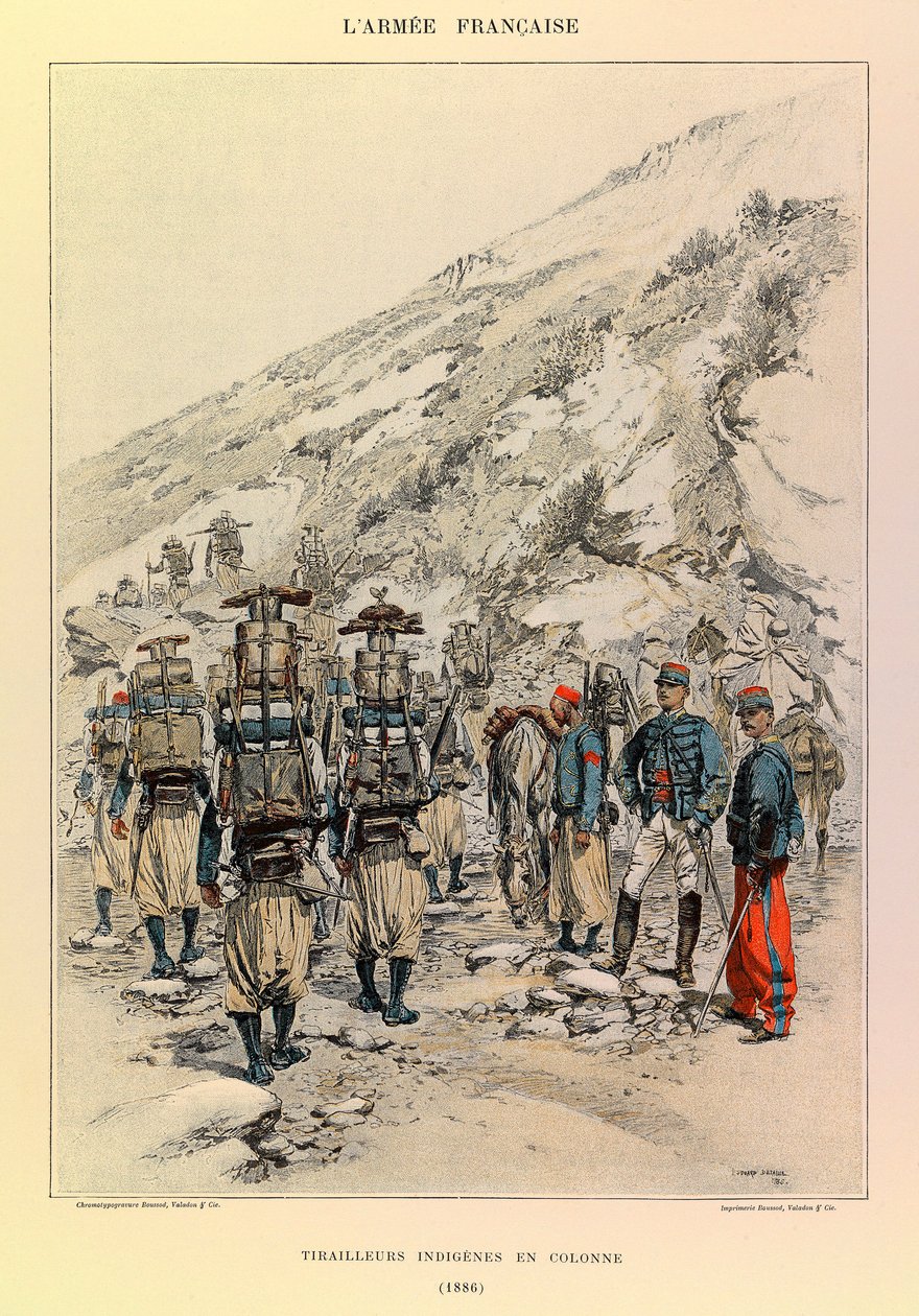 Tipos y Uniformes del Ejército Francés del Capitán Jules Richard, ilustrado por Edouard Detaille (1848-1912): Tiradores Indígenas en Columna en 1886, Colección Privada de Jean-Baptiste Edouard Detaille