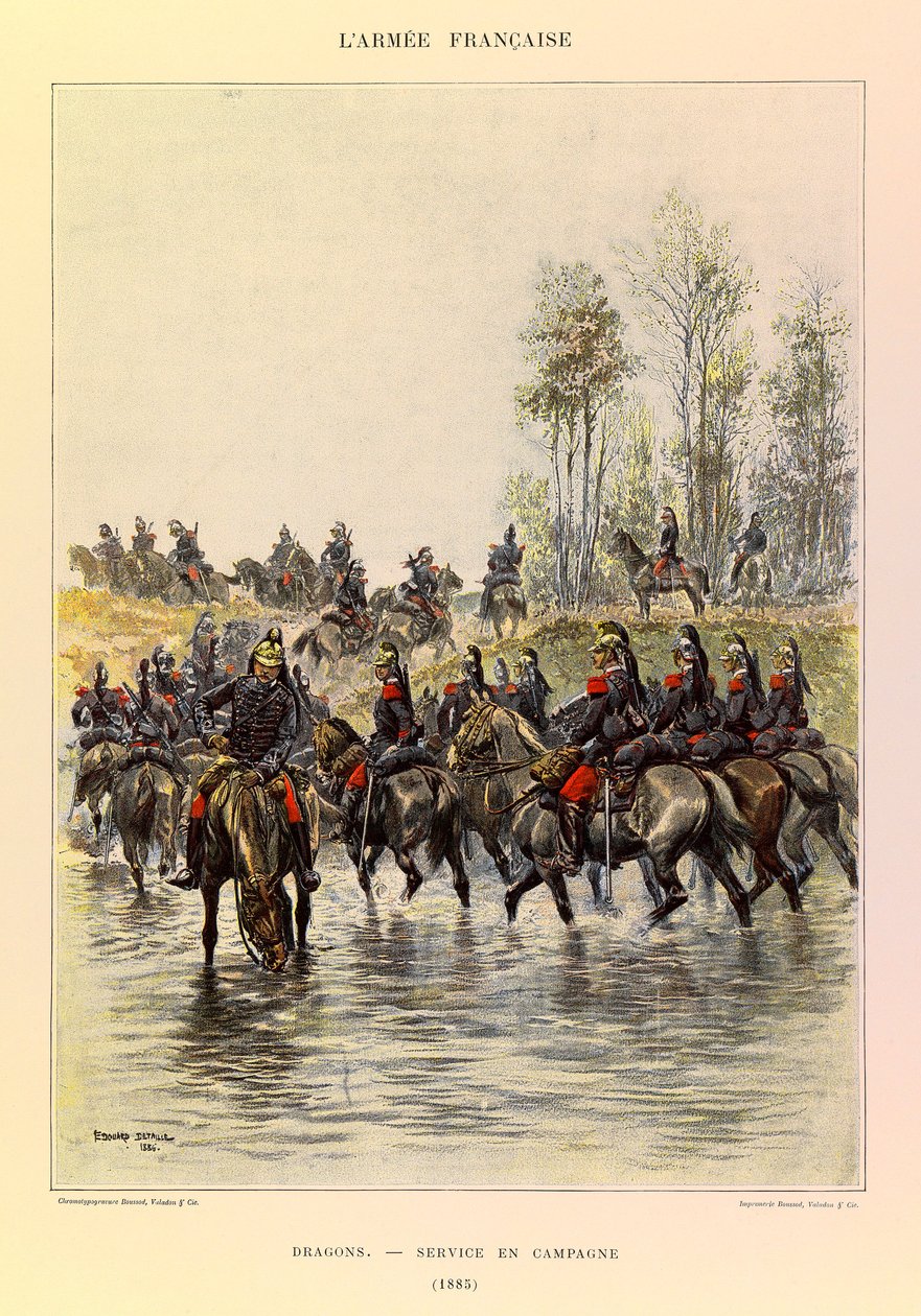 Tipos y Uniformes del Ejército Francés del Capitán Jules Richard, ilustrado por Edouard Detaille (1848-1912): Dragones; Servicio de Campo en 1885, Colección Privada de Jean Baptiste Edouard Detaille