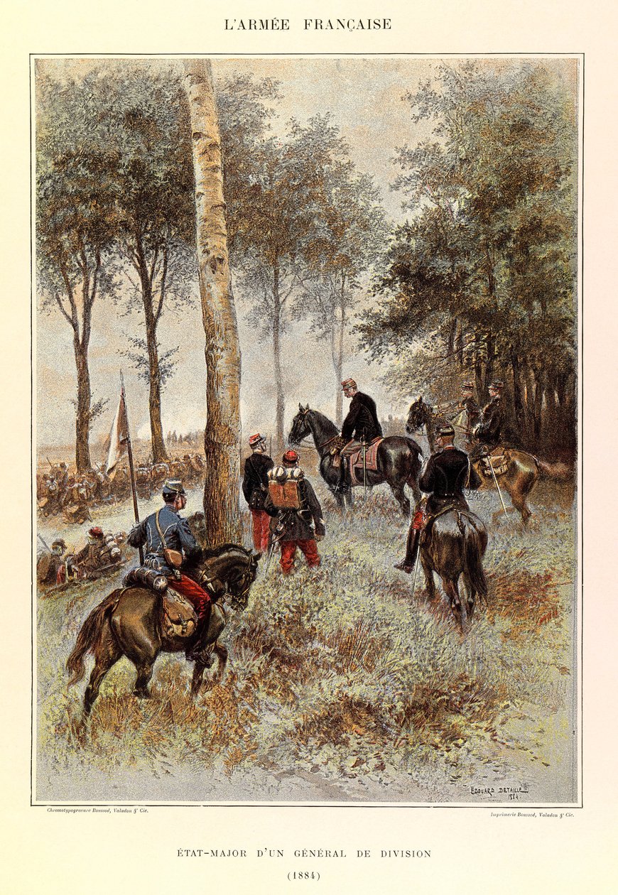 Tipos y Uniformes del Ejército Francés del Capitán Jules Richard, ilustrado por Edouard Detaille (1848-1912): Estado Mayor de un General de División en 1884, Colección Privada de Jean-Baptiste Edouard Detaille