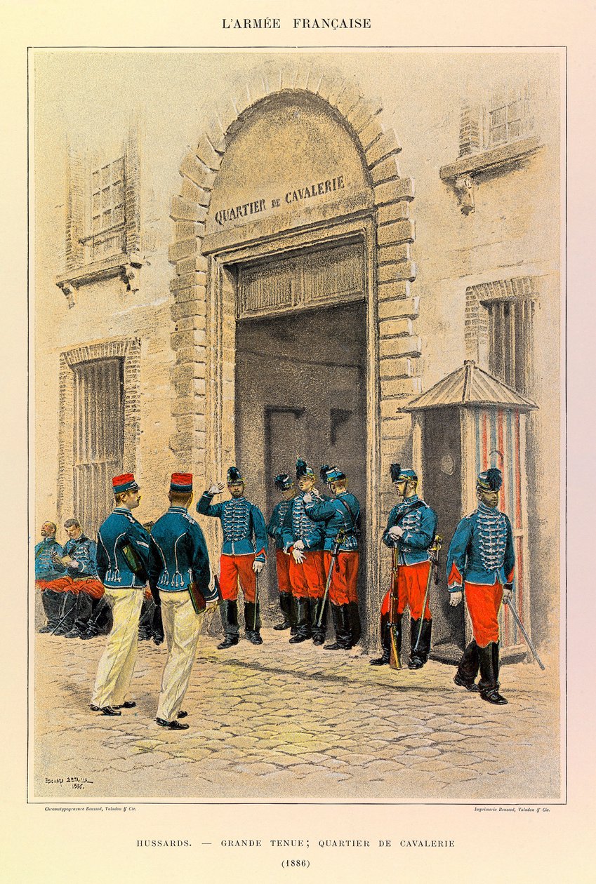 Tipos y uniformes del Ejército Francés del Capitán Jules Richard, ilustrado por Edouard Detaille (1848-1912): Húsares en Gran Atuendo; Distrito de Caballería en 1886, Colección Privada de Jean Baptiste Edouard Detaille