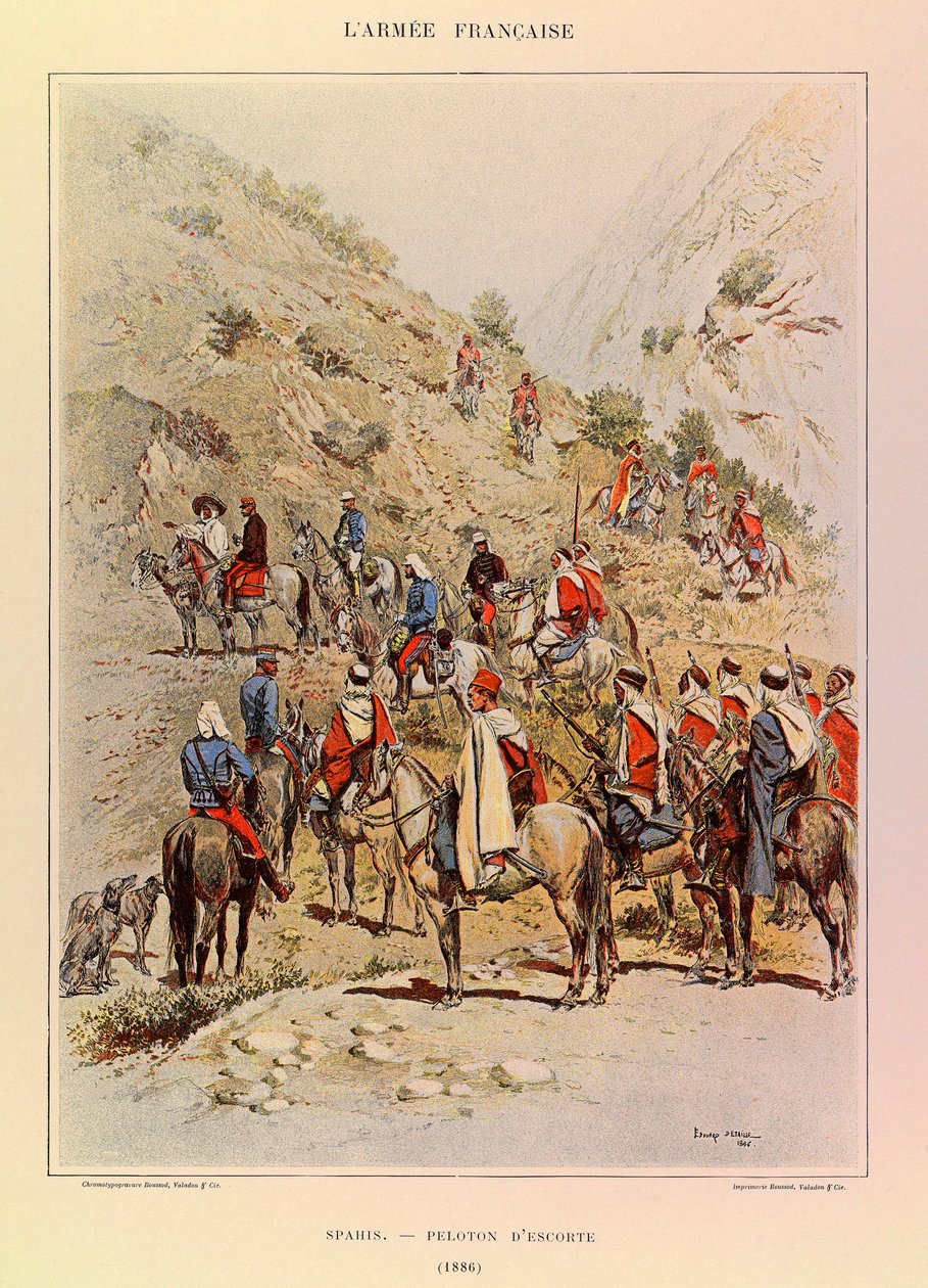 Tipos y uniformes del ejército francés del Capitán Jules Richard, ilustrado por Edouard Detaille: Spahis; Pelotón de escolta en 1886 de Jean Baptiste Edouard Detaille