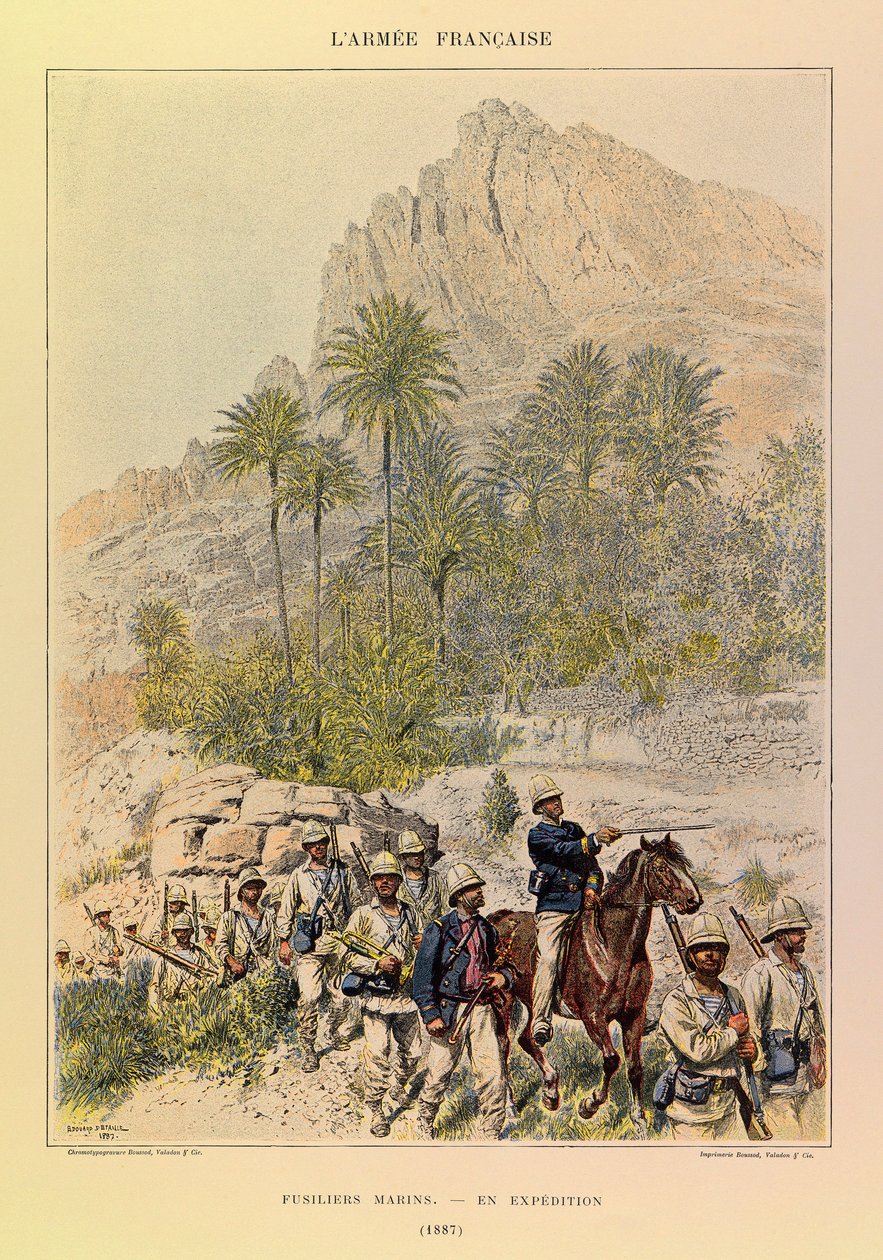 Tipos y uniformes del ejército francés del capitán Jules Richard, ilustrado por Edouard Detaille (1848-1912): Fusileros marinos en expedición en 1887, colección privada de Jean Baptiste Edouard Detaille